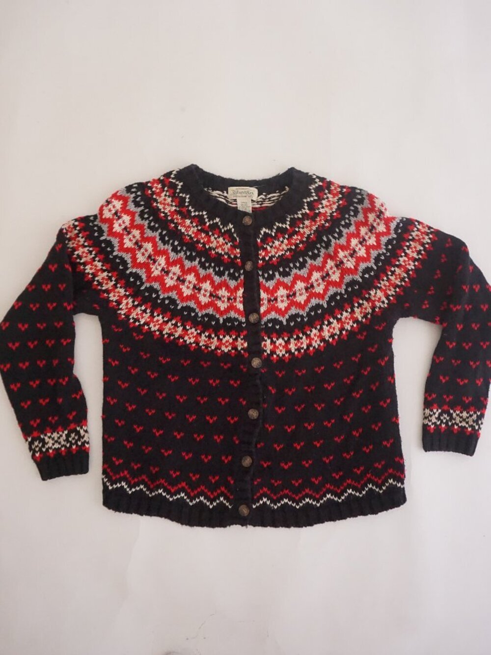 Vintage St Johns Bay Black Red Fair Isle Nordic Button Front Knit Cardigan S